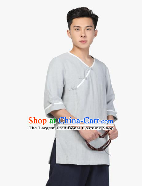 Chinese Traditional Tang Suit Costume National Clothing Slant Opening Grey Ramie Shirt Upper Outer Garment for Men