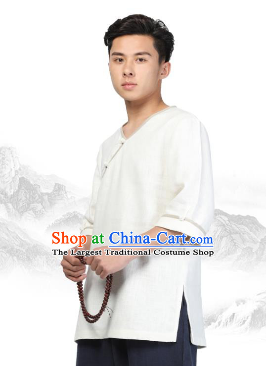 Chinese Traditional Tang Suit Costume National Clothing Slant Opening White Ramie Shirt Upper Outer Garment for Men