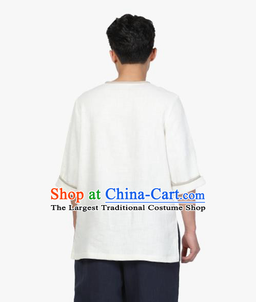 Chinese Traditional Tang Suit Costume National Clothing Slant Opening White Ramie Shirt Upper Outer Garment for Men