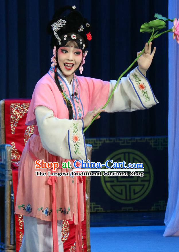 Chinese Sichuan Opera Xiaodan Garment Costumes and Hair Accessories Traditional Peking Opera Young Lady Dress Maidservant Girl Hong Er Apparels