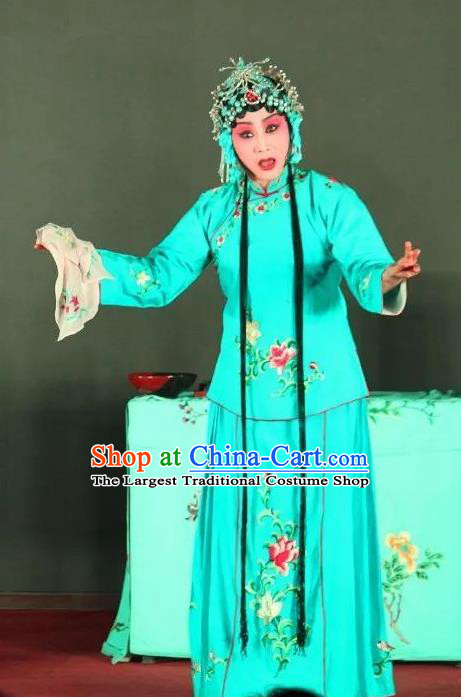 Chinese Sichuan Opera Diva Cui Qiaofeng Garment Costumes and Hair Accessories Ma Qian Po Shui Traditional Peking Opera Actress Dress Young Female Blue Apparels