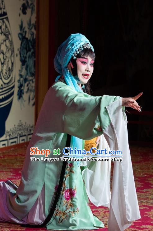 Chinese Sichuan Opera Distress Female Garment Costumes and Hair Accessories Yu Chan Temple Traditional Peking Opera Tsing Yi Dress Lady Jun Apparels