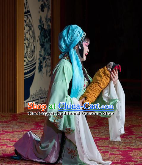 Chinese Sichuan Opera Distress Female Garment Costumes and Hair Accessories Yu Chan Temple Traditional Peking Opera Tsing Yi Dress Lady Jun Apparels