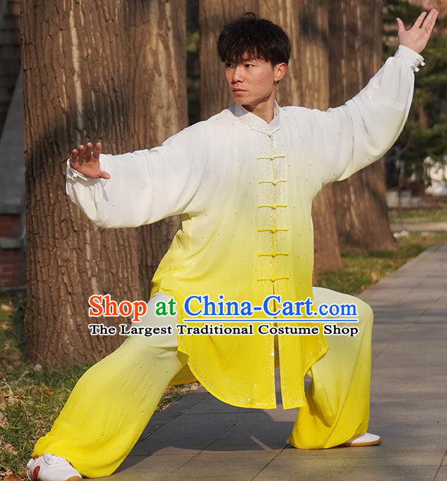 Top Male Kung Fu Costume Martial Arts Training Uniform Shaolin Wushu Clothing Tai Ji Competition Gradient Yellow Outfits