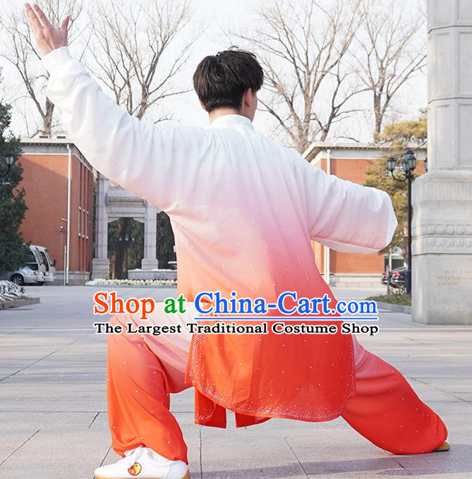 Top Male Kung Fu Costume Martial Arts Training Uniform Shaolin Wushu Clothing Tai Ji Competition Gradient Red Outfits