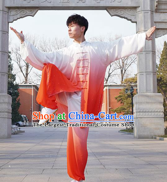 Top Male Kung Fu Costume Martial Arts Training Uniform Shaolin Wushu Clothing Tai Ji Competition Gradient Red Outfits