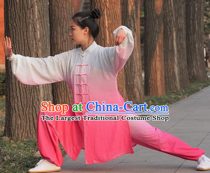 Professional Kung Fu Costume Top Grade Martial Arts Training Uniform Shaolin Wushu Clothing Tai Ji Competition Gradient Pink Outfits for Women