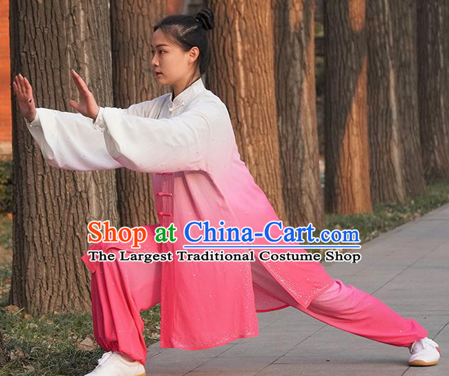 Professional Kung Fu Costume Top Grade Martial Arts Training Uniform Shaolin Wushu Clothing Tai Ji Competition Gradient Pink Outfits for Women