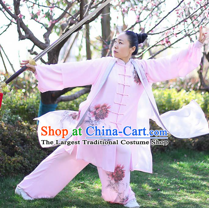 Professional Tai Chi Competition Pink Costume Tai Ji Embroidered Outfits Top Grade Martial Arts Training Uniform Clothing for Women