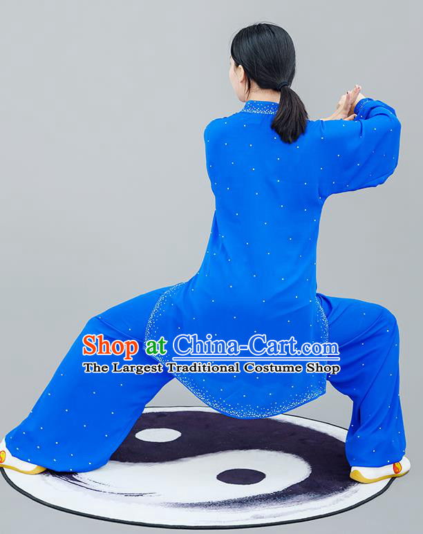 Professional Tai Chi Competition Diamante Costume Tai Ji Training Outfits Clothing Top Grade Martial Arts Royalblue Uniform for Women