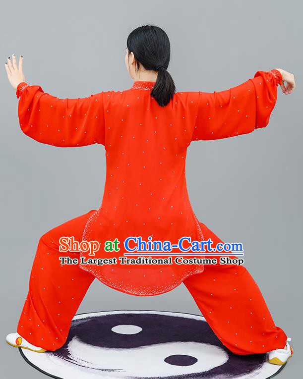 Professional Tai Chi Competition Diamante Costume Tai Ji Training Outfits Clothing Top Grade Martial Arts Red Uniform for Women