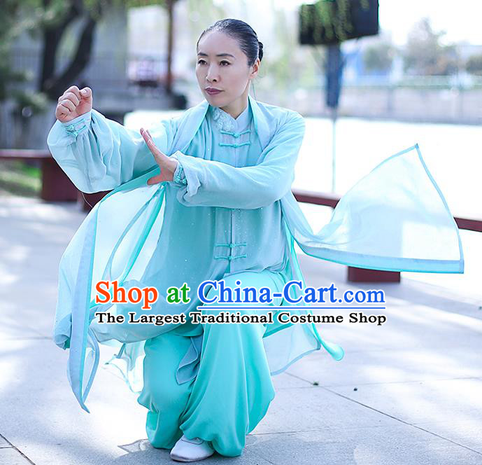 Chinese Traditional Tai Chi Competition Costume Professional Tai Ji Training Outfits Clothing Top Grade Martial Arts Light Green Uniform for Women