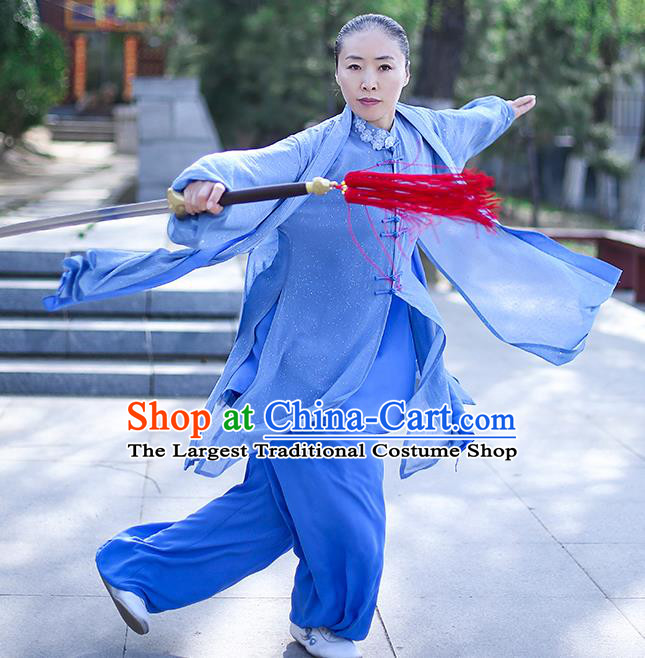 Chinese Traditional Tai Chi Competition Costume Professional Tai Ji Training Outfits Clothing Top Grade Martial Arts Blue Uniform for Women