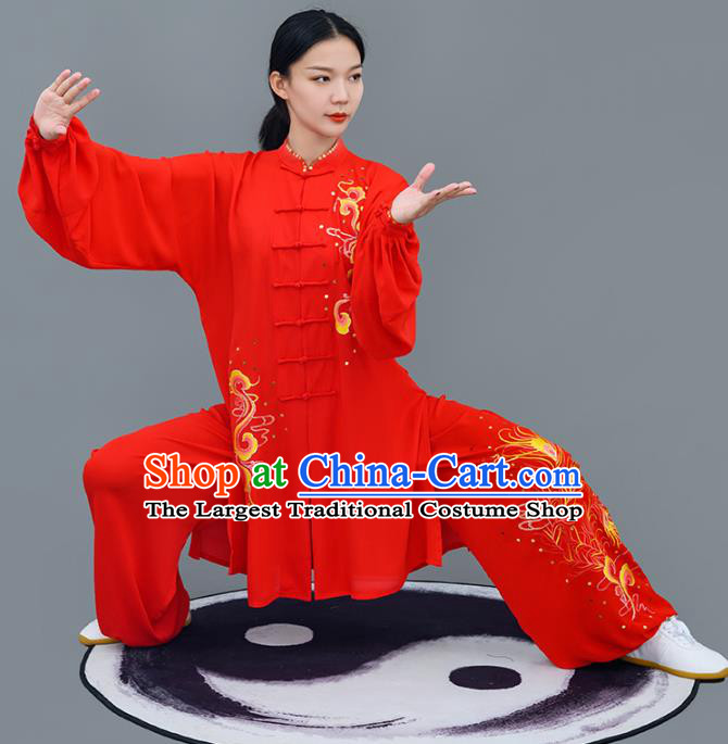 Chinese Traditional Tai Chi Competition Red Costume Professional Tai Ji Training Outfits Top Grade Martial Arts Performance Uniform for Women