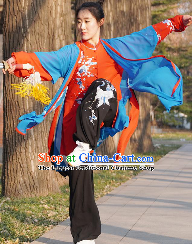 Chinese Traditional Martial Arts Performance Costume Top Grade Tai Ji Training Uniforms Professional Tai Chi Competition Embroidered Red Outfits