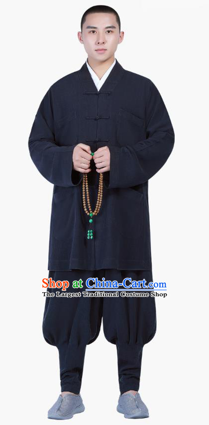 Chinese Traditional Buddhism Costume Shaolin Monk Clothing Navy Blouse and Pants Complete Set for Men