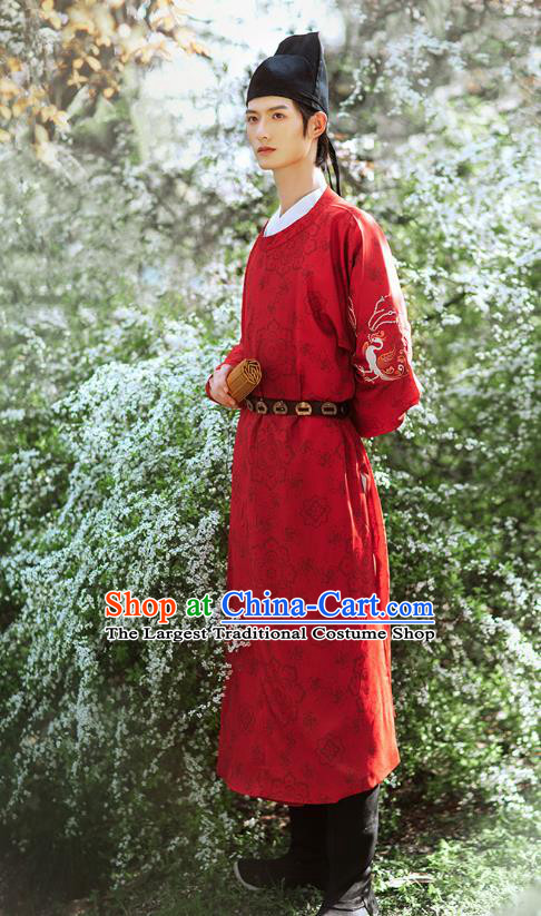 Chinese Ancient Swordsman Hanfu Clothing Traditional Tang Dynasty Young Male Red Robe Historical Costumes Complete Set