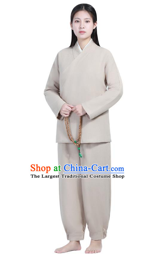 Chinese Traditional Lay Buddhist Costume Top Grade Tai Ji Uniforms Professional Tang Suit Women Beige Ramie Meditation Outfits