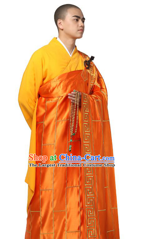 Chinese Traditional Monk Orange Silk Frock Costume Buddhism Clothing Cassock Bonze Garment for Men