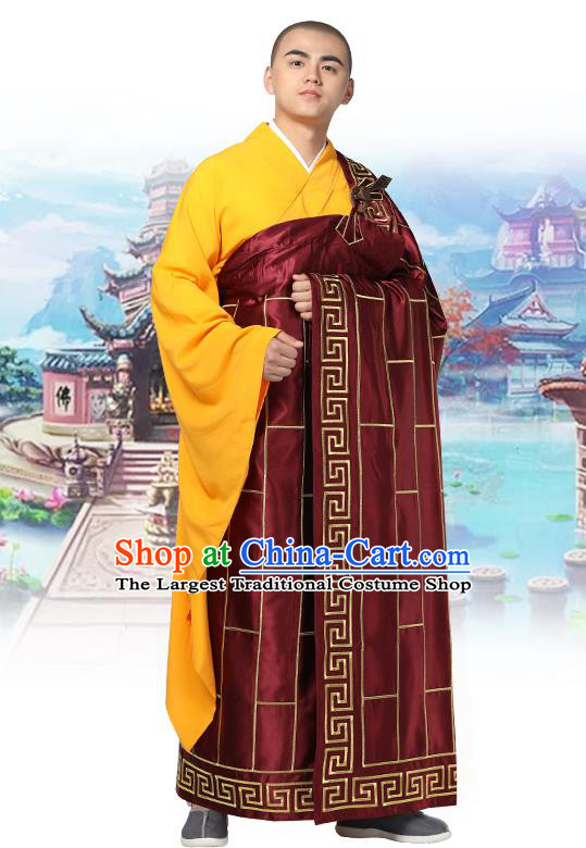 Chinese Traditional Monk Wine Red Silk Frock Costume Buddhism Clothing Cassock Bonze Garment for Men