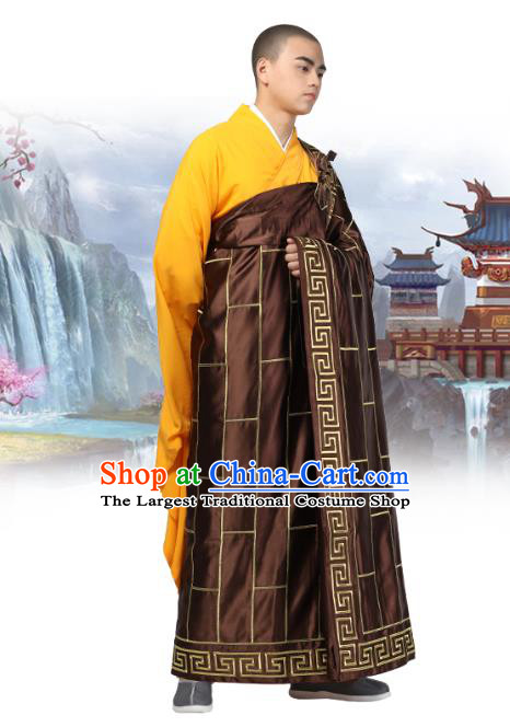 Chinese Traditional Monk Brown Silk Frock Costume Buddhism Clothing Cassock Bonze Garment for Men