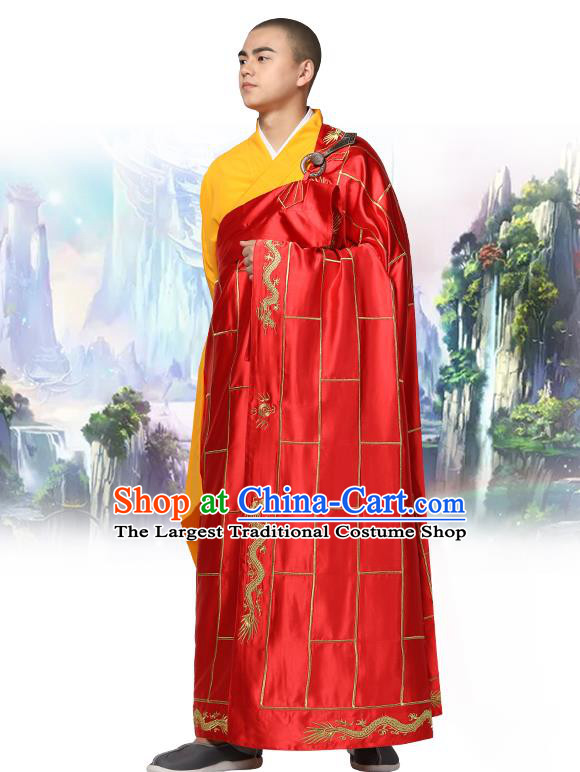 Chinese Traditional Monk Embroidered Dragon Red Silk Kasaya Costume Buddhism Gown Clothing Bonze Cassock Garment for Men