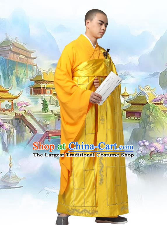 Chinese Traditional Monk Embroidered Dragon Golden Silk Kasaya Costume Buddhism Gown Clothing Bonze Cassock Garment for Men