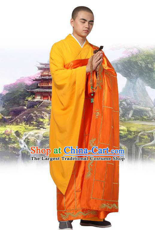 Chinese Traditional Monk Embroidered Dragon Orange Silk Kasaya Costume Buddhism Gown Clothing Bonze Cassock Garment for Men