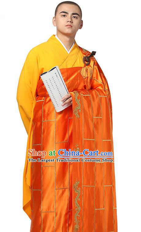 Chinese Traditional Monk Embroidered Dragon Orange Silk Kasaya Costume Buddhism Gown Clothing Bonze Cassock Garment for Men