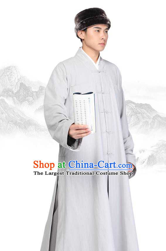 Chinese Traditional Monk Light Grey Gown Costume Meditation Garment Lay Buddhist Clothing for Men