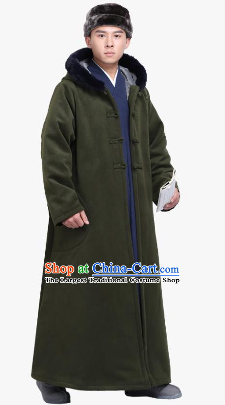 Chinese Traditional Winter Dark Green Cloak Costume Lay Buddhist Clothing Meditation Garment Dust Coat for Men