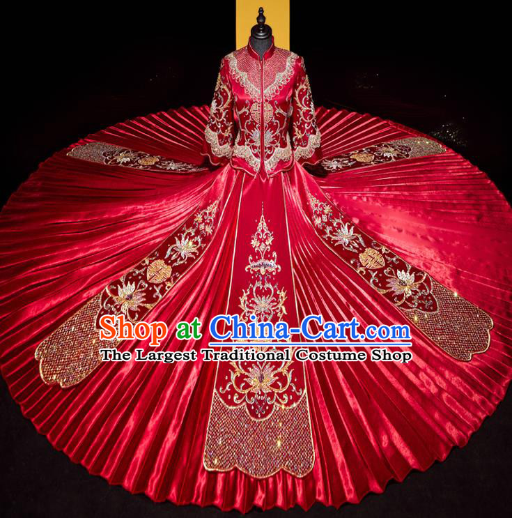 Top Grade Chinese Traditional Wedding Embroidered Costumes Ancient Bride Xiuhe Suit Toast Red Diamante Dress for Women