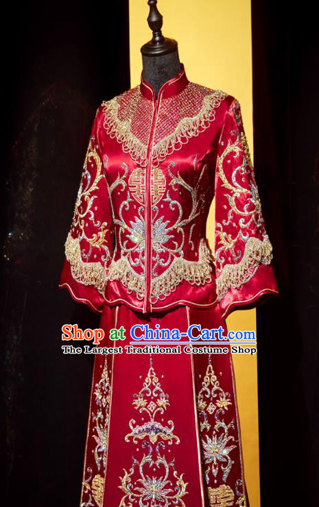 Top Grade Chinese Traditional Wedding Embroidered Costumes Ancient Bride Xiuhe Suit Toast Red Diamante Dress for Women