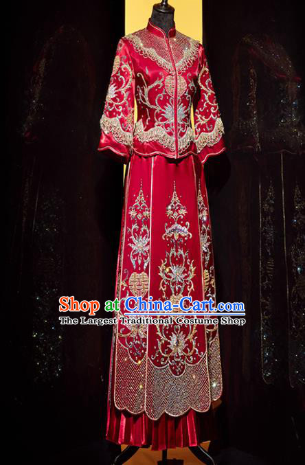 Top Grade Chinese Traditional Wedding Embroidered Costumes Ancient Bride Xiuhe Suit Toast Red Diamante Dress for Women