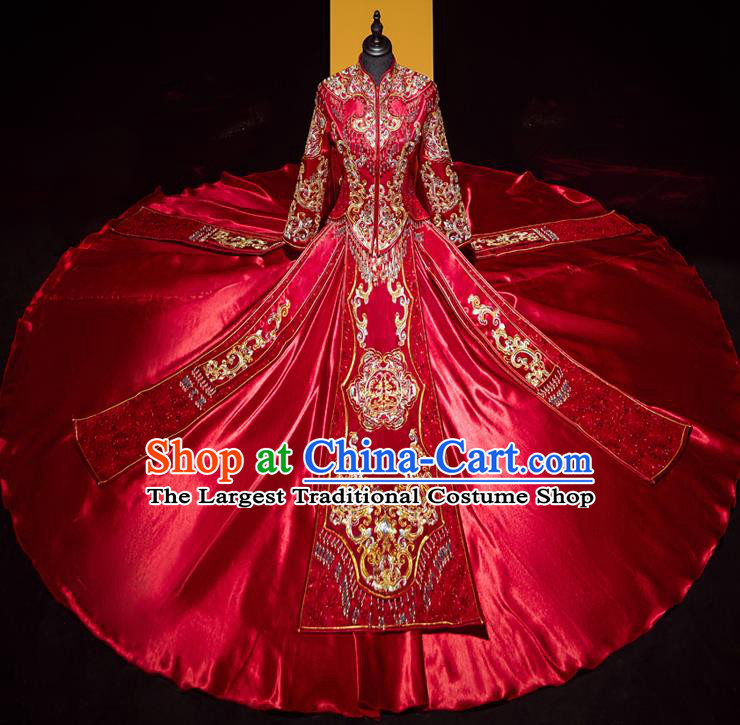 Top Grade Chinese Ancient Bride Beads Tassel Xiuhe Suit Toast Red Dress Traditional Wedding Costumes for Women
