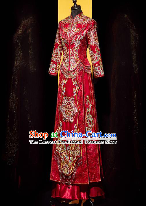 Top Grade Chinese Ancient Bride Beads Tassel Xiuhe Suit Toast Red Dress Traditional Wedding Costumes for Women