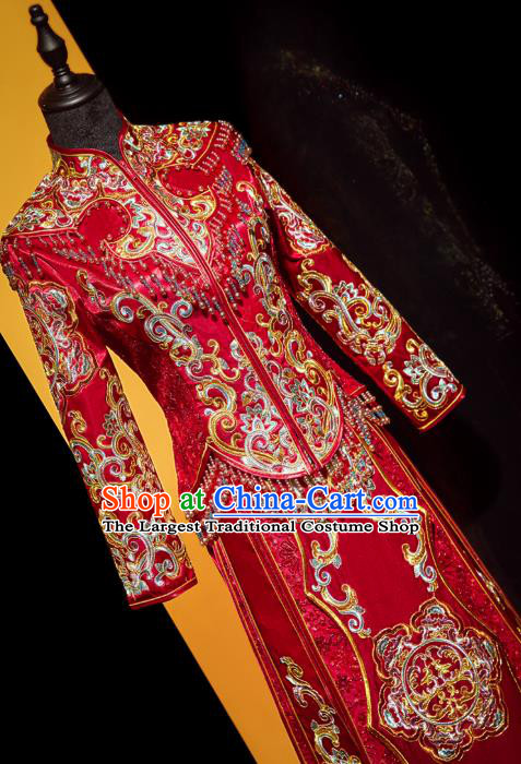 Top Grade Chinese Ancient Bride Beads Tassel Xiuhe Suit Toast Red Dress Traditional Wedding Costumes for Women