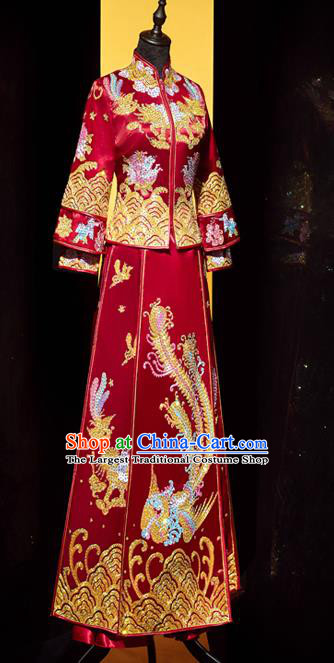 Top Grade Chinese Ancient Bride Diamante Phoenix Xiuhe Suit Toast Red Dress Traditional Wedding Embroidered Costumes for Women