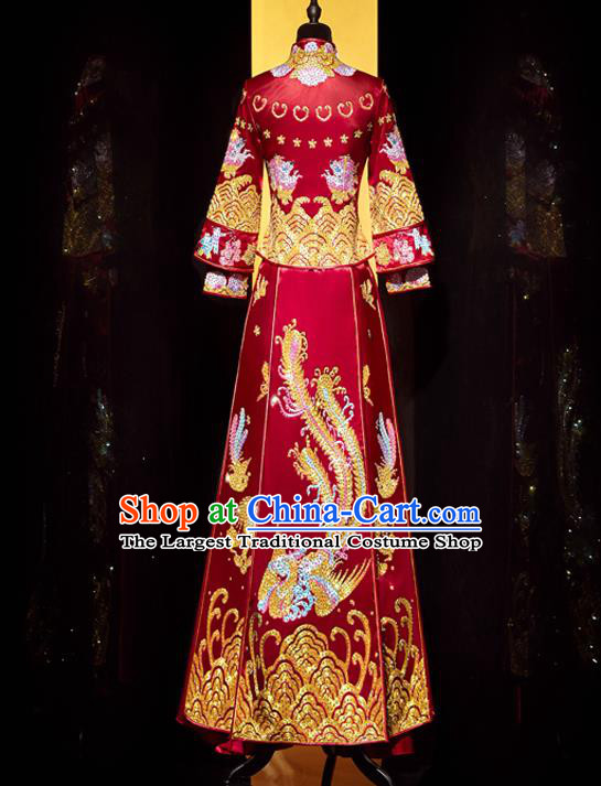 Top Grade Chinese Ancient Bride Diamante Phoenix Xiuhe Suit Toast Red Dress Traditional Wedding Embroidered Costumes for Women