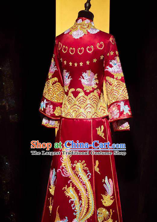 Top Grade Chinese Ancient Bride Diamante Phoenix Xiuhe Suit Toast Red Dress Traditional Wedding Embroidered Costumes for Women