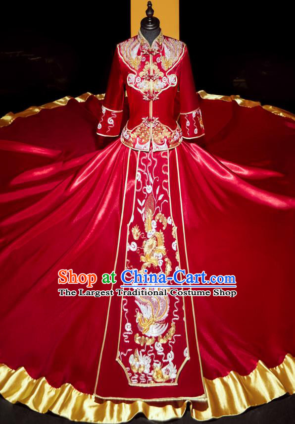 Top Grade Chinese Ancient Bride Phoenix Xiuhe Suit Toast Red Dress Traditional Wedding Embroidered Mandarin Duck Costumes for Women