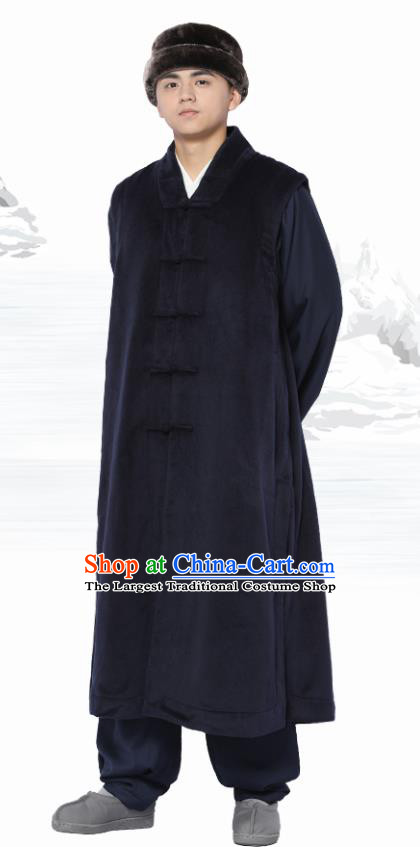 Chinese Traditional Winter Navy Long Vest Costume Meditation Garment Lay Buddhist Clothing for Men