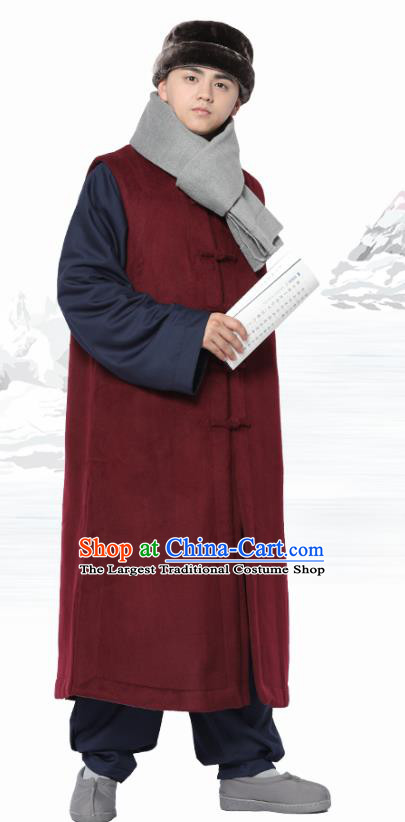 Chinese Traditional Winter Wine Red Long Vest Costume Meditation Garment Lay Buddhist Clothing for Men