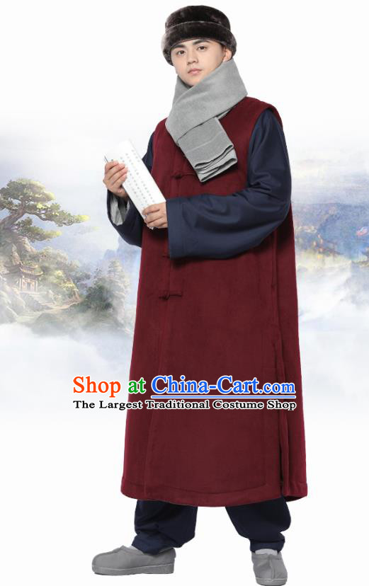 Chinese Traditional Winter Wine Red Long Vest Costume Meditation Garment Lay Buddhist Clothing for Men