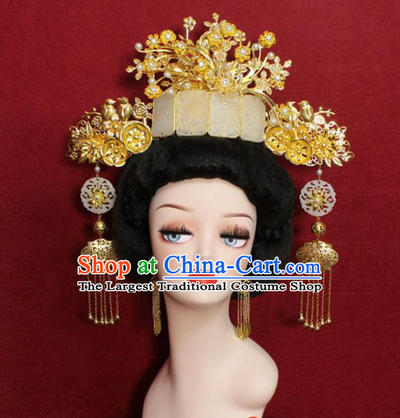 Traditional Handmade Chinese Ancient Queen Hair Accessories Jade Phoenix Coronet Hair Jewelry Hair Fascinators for Women