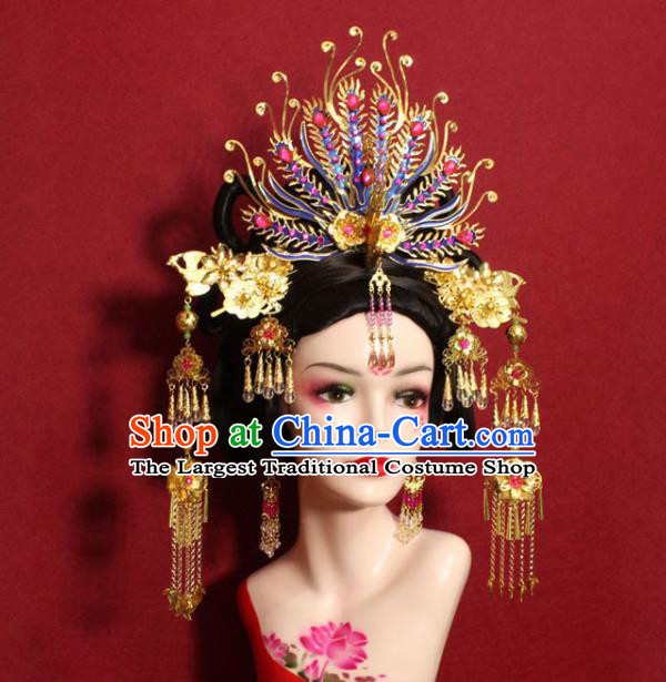 Traditional Handmade Chinese Ancient Queen Hair Accessories Cloisonn Phoenix Coronet Hair Jewelery Hair Fascinators Tassel Hairpins for Women