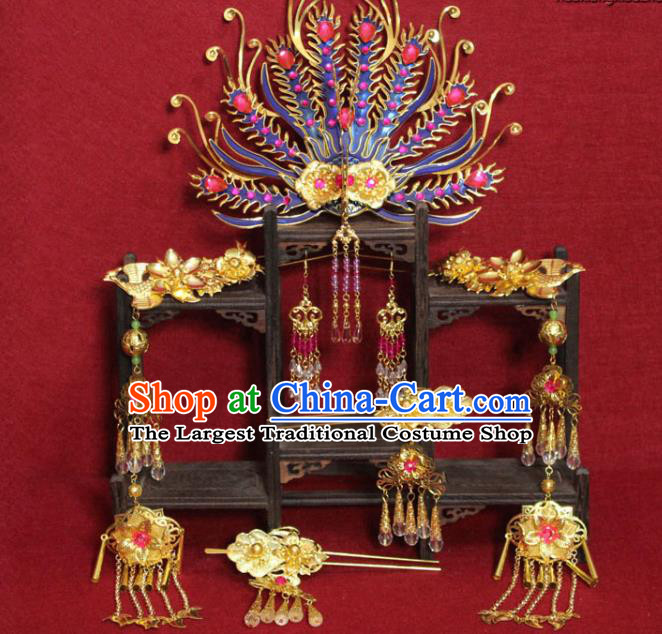 Traditional Handmade Chinese Ancient Queen Hair Accessories Cloisonn Phoenix Coronet Hair Jewelery Hair Fascinators Tassel Hairpins for Women