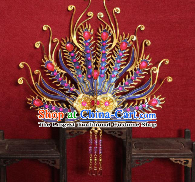 Traditional Handmade Chinese Ancient Queen Hair Accessories Cloisonn Phoenix Coronet Hair Jewelery Hair Fascinators Tassel Hairpins for Women