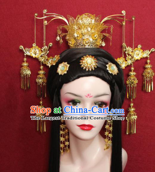 Traditional Chinese Ancient Golden Hair Accessories Phoenix Coronet Handmade Hair Jewelry Hair Fascinators Tassel Hairpins for Women