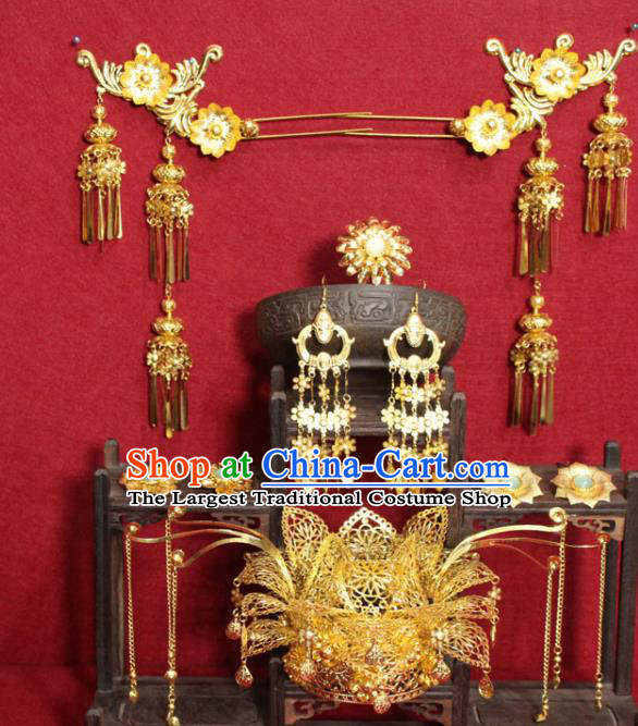 Traditional Chinese Ancient Golden Hair Accessories Phoenix Coronet Handmade Hair Jewelery Hair Fascinators Tassel Hairpins for Women